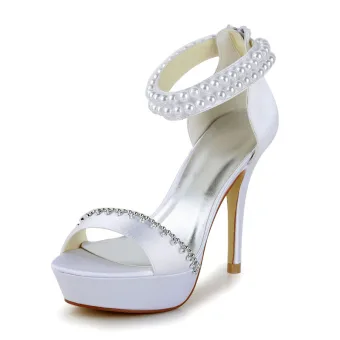 Seksowne Białe Satyna Bal Latin Buty Taneczne 2021 Perła Z Paskiem 10 Cm Peep Toe Sandały Damskie Wysokie Obcasy