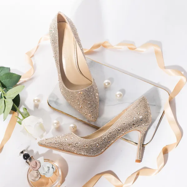 Sparkly Gold Wedding Shoes 2019 Leather Rhinestone 8 cm Stiletto Heels Pointed Toe Wedding Pumps