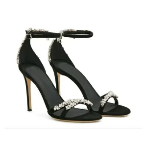 Mode Svarta Casual Sandaler Dam 2019 Läder Ankelband Rhinestone 10 Cm Stilettklackar Peep Toe Högklackade