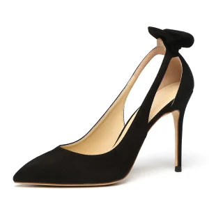Elegant Black Casual Womens Shoes 2019 Leather Suede Bow 10 Cm Stiletto Heels Pointed Toe High Heels