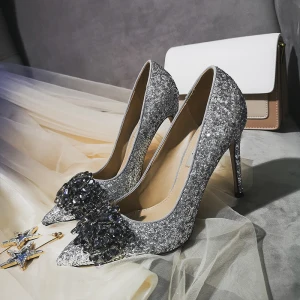 Charmant Argenté Soirée Escarpins 2019 Cuir Cristal Paillettes 10 Cm Talons Aiguilles À Bout Pointu Escarpins