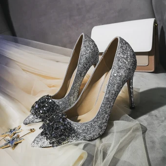 Charming Silver Evening Party Pumps 2019 Leather Crystal Sequins 10 Cm Stiletto Heels Pointed Toe Pumps