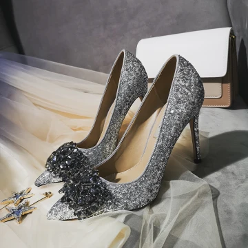 Charmant Argenté Soirée Escarpins 2019 Cuir Cristal Paillettes 10 Cm Talons Aiguilles À Bout Pointu Escarpins