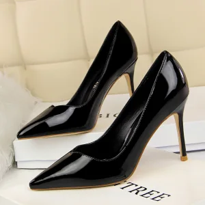 Simple Noire Bureau Escarpins 2019 Cuir Verni 9 Cm Talons Aiguilles À Bout Pointu Escarpins