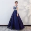Chic / Beautiful Royal Blue Prom Dresses 2018 A-Line / Princess Beading Crystal Lace Flower Sash Scoop Neck Backless Short Sleeve Floor-Length / Long Formal Dresses
