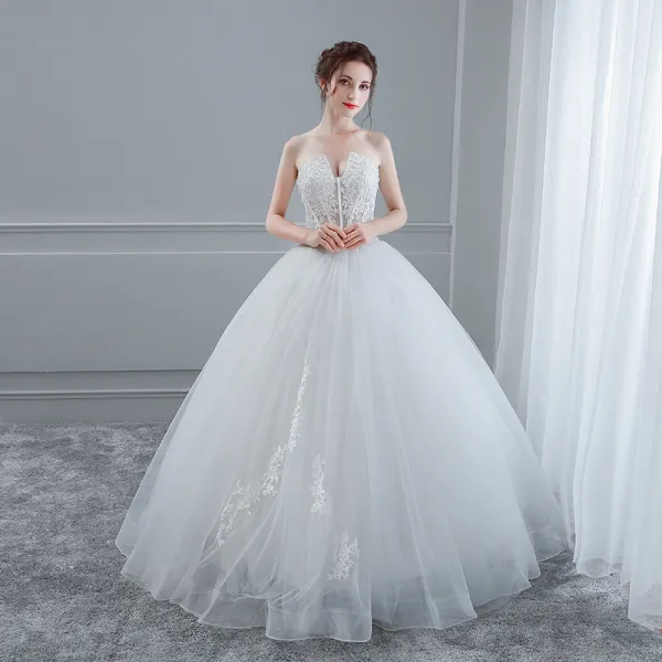 Sexy White Wedding Dresses 2018 Ball Gown Lace Flower Sweetheart Backless Sleeveless Floor-Length / Long Wedding
