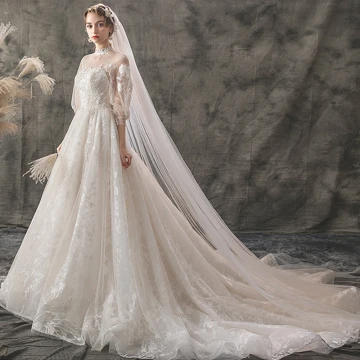 Elegant Ivory Wedding Dresses 2019 A Line Princess High Neck Lace Flower 3 4 Sleeve Backless Chapel Train