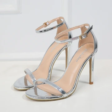 Modern Fashion Silver Casual Womens Sandals 2019 Leather Ankle Strap 10 Cm Stiletto Heels Open Peep Toe Sandals