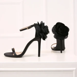 Chic Belle Noire Soirée Sandales Femme 2019 Cuir Bride Cheville Fleur 10 Cm Talons Aiguilles Peep Toes Bout Ouvert Sandales