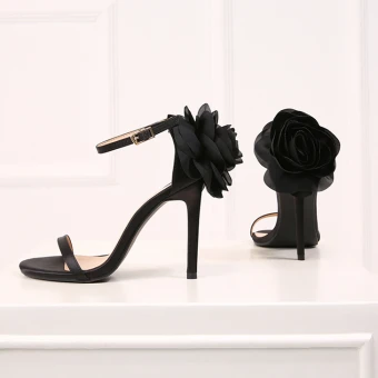 Fine Svart Aften Sandaler Dame 2019 Lær Ankelstropp Blomst 10 Cm Stiletthæler Peep Toe Sandaler