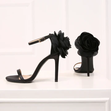 Chic Belle Noire Soirée Sandales Femme 2019 Cuir Bride Cheville Fleur 10 Cm Talons Aiguilles Peep Toes Bout Ouvert Sandales