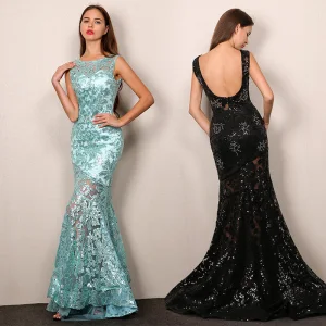 Sexy Black Evening Dresses 2019 Trumpet Mermaid Scoop Neck Sequins Rhinestone Lace Flower Sleeveless Backless Sweep Train Formal Dresses