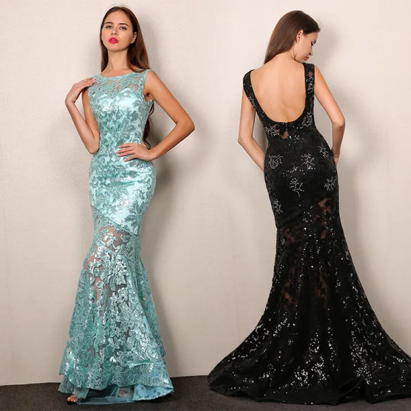 Sexy Noire Robe De Soirée 2019 Trompette / Sirène Encolure Dégagée Paillettes Faux Diamant En Dentelle Fleur Sans Manches Dos Nu Train De Balayage Robe De Ceremonie
