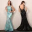 Sexy Noire Robe De Soirée 2019 Trompette / Sirène Encolure Dégagée Paillettes Faux Diamant En Dentelle Fleur Sans Manches Dos Nu Train De Balayage Robe De Ceremonie