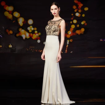 Classy Champagne Evening Dresses 2019 A Line Princess Scoop Neck Beading Rhinestone Pearl Sleeveless Backless Floor Length Long Formal Dresses