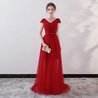 Chic Belle Bordeaux Robe De Soirée 2018 Princesse En Dentelle Fleur Cristal Noeud V Cou Dos Nu Manches Courtes Train De Balayage Robe De Ceremonie