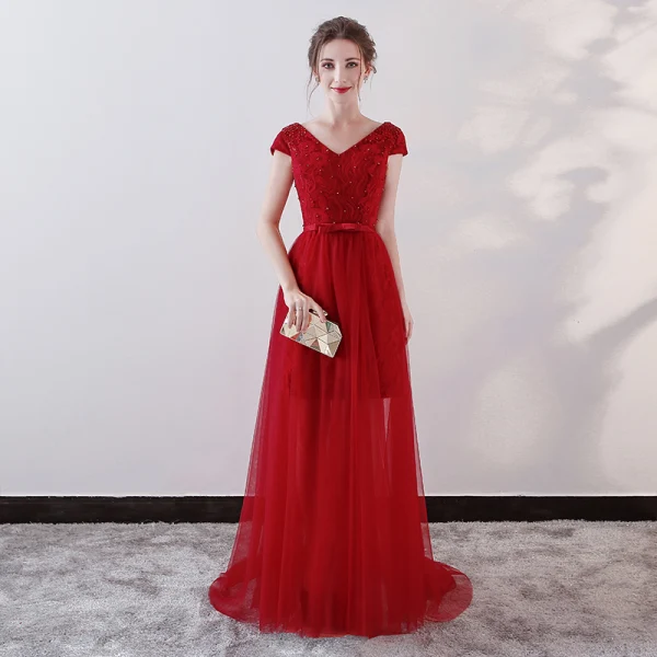 Chic / Belle Bordeaux Robe De Soirée 2018 Princesse En Dentelle Fleur Cristal Noeud V-Cou Dos Nu Manches Courtes Train De Balayage Robe De Ceremonie