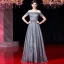 Luxury / Gorgeous Grey Evening Dresses  2019 A-Line / Princess Scoop Neck Beading Rhinestone Lace Flower Short Sleeve Floor-Length / Long Formal Dresses