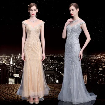Luxury Gorgeous Gold Evening Dresses 2019 Trumpet Mermaid Scoop Neck Beading Sequins Pearl Crystal Rhinestone Sleeveless Sweep Train Formal Dresses