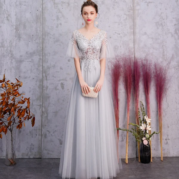 Elegant Silver Evening Dresses 2019 A-Line / Princess V-Neck Rhinestone Lace Flower 1/2 Sleeves Backless Floor-Length / Long Formal Dresses Elegant Silver Evening Dresses 2019 A-Line / Princess V-Neck Rhinestone Lace Flower 1/2 Sleeves Backless Floor-Length / Long Formal Dresses