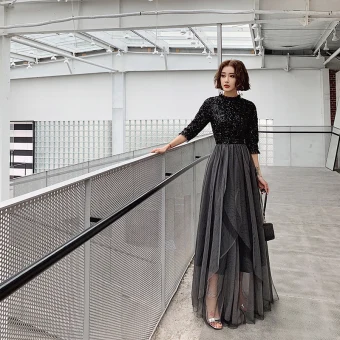Moderne Mode Noire Robe De Soirée 2019 Princesse Paillettes Col Haut 1 2 Manches Dos Nu Longue Robe De Ceremonie
