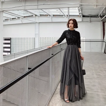 Moderne Mode Noire Robe De Soirée 2019 Princesse Paillettes Col Haut 1 2 Manches Dos Nu Longue Robe De Ceremonie