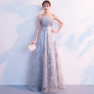 Élégant Argenté Robe De Soirée 2019 Princesse Bustier Faux Diamant En Dentelle Fleur Sans Manches Dos Nu Longue Robe De Ceremonie