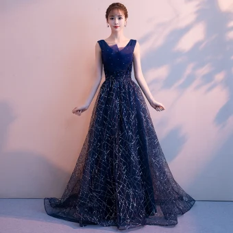 Chic Belle Bleu Marine Robe De Soirée 2019 Princesse V Cou Paillettes Faux Diamant En Dentelle Fleur Sans Manches Dos Nu Train De Balayage Robe De Ceremonie