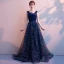 Chic / Beautiful Navy Blue Evening Dresses  2019 A-Line / Princess V-Neck Sequins Rhinestone Lace Flower Sleeveless Backless Sweep Train Formal Dresses