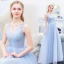 Élégant Bleu Ciel Volants Robe De Soirée 2019 Princesse V-Cou Paillettes En Dentelle Fleur Noeud Sans Manches Dos Nu Longue Robe De Ceremonie