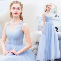 Elegant Sky Blue Ruffle Evening Dresses  2019 A-Line / Princess V-Neck Sequins Lace Flower Bow Sleeveless Backless Floor-Length / Long Formal Dresses