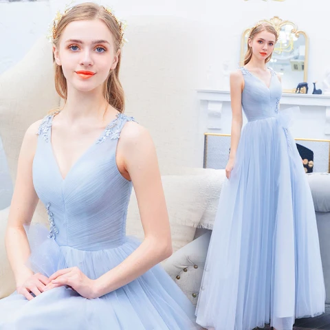 Elegante Himmelblau Rüschen Abendkleider 2019 A Linie V-Ausschnitt Pailletten Spitze Blumen Schleife Ärmellos Rückenfreies Lange Festliche Kleider