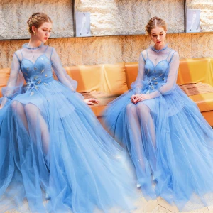 Moderne Mode Bleu Robe De Soirée 2019 Princesse Col Haut Perle Appliques Paillettes En Dentelle Fleur Manches Longues Dos Nu Longue Robe De Ceremonie