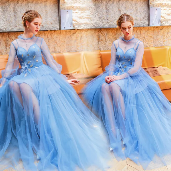 Moderne / Mode Bleu Robe De Soirée 2019 Princesse Col Haut Perle Appliques Paillettes En Dentelle Fleur Manches Longues Dos Nu Longue Robe De Ceremonie