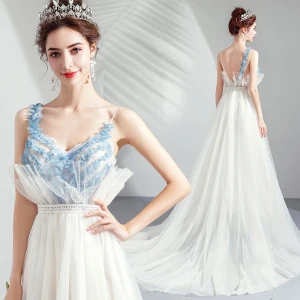 Elegant Ivory Evening Dresses 2019 A Line Princess Ruffle Spaghetti Straps Lace Sleeveless Backless Sweep Train Formal Dresses