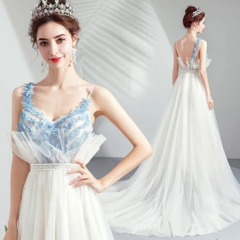 Élégant Ivoire Robe De Soirée 2019 Princesse Volants Bretelles Spaghetti En Dentelle Sans Manches Dos Nu Train De Balayage Robe De Ceremonie