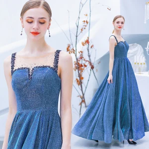 Charmant Oceaan Blauw Avondjurken 2019 A Lijn Ronde Hals Rhinestone Pailletten Mouwloos Lange Gelegenheid Jurken