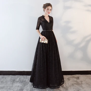 Modern Fashion Black Evening Dresses 2018 A Line Princess Beading Bow Lace V Neck Backless Pierced 1 2 Sleeves Floor Length Long Formal Dresses