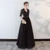 Modern / Fashion Black Evening Dresses  2018 A-Line / Princess Beading Bow Lace V-Neck Backless Pierced 1/2 Sleeves Floor-Length / Long Formal Dresses