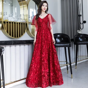 Chic Belle Bordeaux Robe De Soirée 2019 Princesse V Cou Perlage En Dentelle Fleur Manches Courtes Dos Nu Longue Robe De Ceremonie