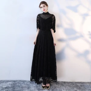 Chic Belle Noire Robe De Soirée 2019 Princesse Col Haut En Dentelle Fleur 1 2 Manches Longue Robe De Ceremonie