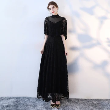 Chic Belle Noire Robe De Soirée 2019 Princesse Col Haut En Dentelle Fleur 1 2 Manches Longue Robe De Ceremonie