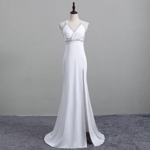 Chic Beautiful White Evening Dresses 2019 Trumpet Mermaid Spaghetti Straps Rhinestone Sleeveless Backless Split Front Sweep Train Formal Dresses
