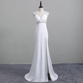 Chic Belle Blanche Robe De Soirée 2019 Trompette Sirène Bretelles Spaghetti Faux Diamant Sans Manches Dos Nu Fendue Devant Train De Balayage Robe De Ceremonie
