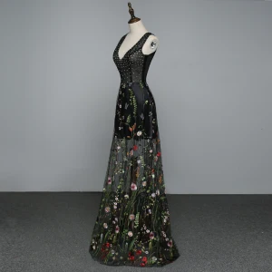 Sexy Black See Through Evening Dresses 2019 A Line Princess V Neck Appliques Lace Flower Pearl Rhinestone Sleeveless Backless Floor Length Long Formal Dresses
