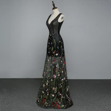 Sexy Noire Transparentes Robe De Soirée 2019 Princesse V Cou Appliques En Dentelle Fleur Perle Faux Diamant Sans Manches Dos Nu Longue Robe De Ceremonie