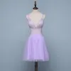 Sexy Lavendel Cocktailkleider 2019 A Linie V-Ausschnitt Perlenstickerei Strass Ärmellos Rückenfreies Kurze Festliche Kleider