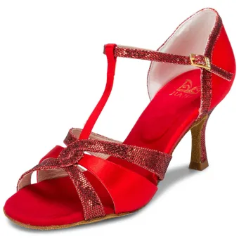 Chic Beautiful Red Prom Rhinestone Latin Dance Shoes 2021 T Strap 7 Cm Stiletto Heels Open Peep Toe Womens Sandals High Heels