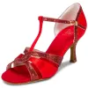 Chic / Beautiful Red Prom Rhinestone Latin Dance Shoes 2021 T-Strap 7 cm Stiletto Heels Open / Peep Toe Womens Sandals High Heels