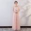 Elegant Pearl Pink Evening Dresses  2018 Empire Lace Appliques Crystal Sash Scoop Neck Backless Sleeveless Floor-Length / Long Formal Dresses